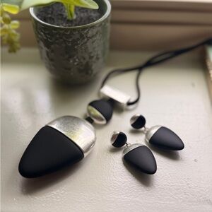 MarlaWynne Black and Silver Teardrop Pendant Necklace with Matching Earrings